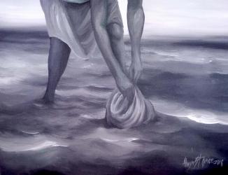 "Washer Woman in Grey".  Oil painting on canvas, size, 24 x 36 inches,