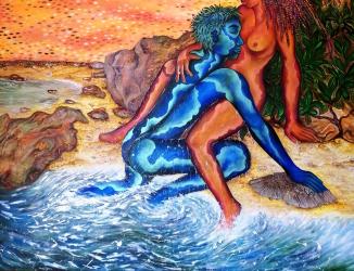 "Courtoisie de l'aube" 150x150 cm. This painting comes from a series called MP3.  Made with oil and acrylic on canvas. The series mainly presents couples symbolizing the male and female energy. The landscape around them is an emanation and a vibration of thesite where I am living.  
