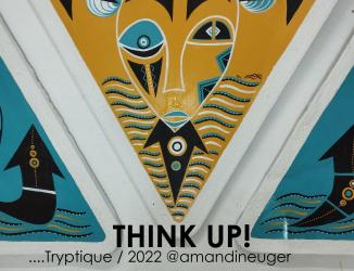 This artistic work called "THINK UP" is made with acrylic and sand on traffic signs.
