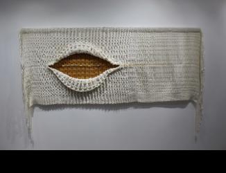 As it Breathes Life, Life is Taken, 2020, Hand Woven Mixed Fibers and Cowrie Shells, 3'x7'