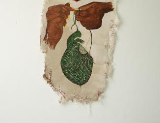 Acrylic painting in canvas cloth displaying two brown hands sewing a heart with red thread by Ketsia Ramos
