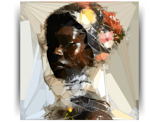 Artwork of woman with her face partially in shadow. “On ancient whispers, Woman’s legacy unfolds, Ancestral Wisdom”.