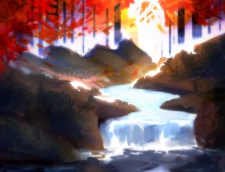 A digital illustration of a landscape with trees, a river and rocks.