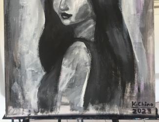 A greyscale painting on canvas of woman with long hair. She is wearing a black tank top.