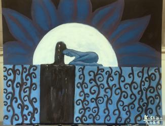 A painting on canvas of a woman hunched over with her hair flowing turning into liquid. In front of the moon which is shaped like a sunflower and surrounded by vines.