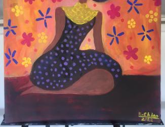 A painting on canvas of a woman with an afro. She is wearing a dress and neck jewelry, surrounded by flowers. She is sitting down.