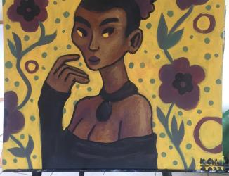 A painting of a woman looking to the right. She has a hair bun and hair scrunchie. She has a black necklace and is wearing a black top. She is surrounded by flowers.