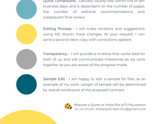 What you can expect: Quick Turnaround - Delivery usually falls within five or ten business days; Transparency – I will provide a timeline that works best for both of us, and will communicate milestones as we work together so you are aware of the progress made; Sample Edit - I am happy to edit a sample for free, as an example of my work. Length of sample will be determined by overall wordcount of the proposed contract.