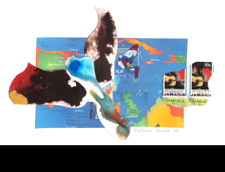 "Flying over" Collage with gouache painting 2007, done for a series  entitled "Where to find me" for an exhibition in Albany, New York. 
