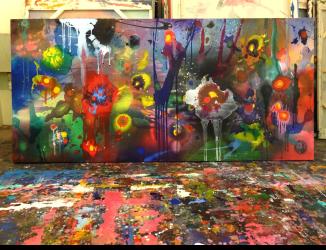 'Flowers for Cecil'  84 x 54 ins acrylic on canvas, shot in artist studio with floor in photo. Painted in member of colleague and friend Cecil Cooper from Jamaica.  