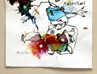 Drawing with ink on paper with Gouache, titled Mrs Robinson. The drawing is one of a series , 79 of which made their way into the published book Jane Eyre:Caribbean Drawings (Hansib Publishers UK, (hard copy) and Maracas Valley Studio Production (online on Amazon). The drawings revisit  the books Jane Eyre (Charlotte Bronte)  and Wide Sargasso Sea (Jean Rhys) taking a more cynical view of Rochester from the point of view of an English artist who lived in Jamaica.