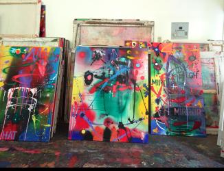 Interior shot of Maracas Valley Studio in Trinidad summer 2021, various works of acrylic on canvas 