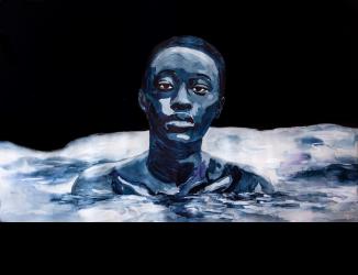 Black figure in water looking