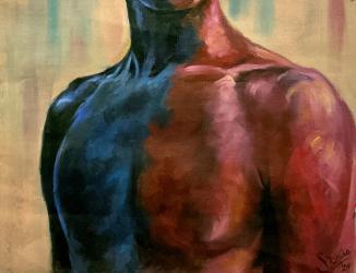 male painted in red and blue, oil painting