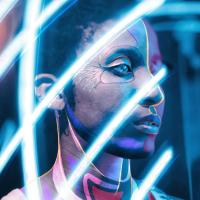Side profile portrait of the artist overlaid with digitally painted lines and shapes. Multiple blue diagonal light beams obscure face.
